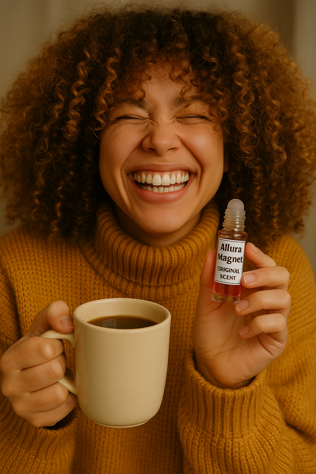 אישה מחייכת מאושר עם ספל קפה ובושם Allura Magnet – חוויית ביטחון טבעי ושמחת חיים